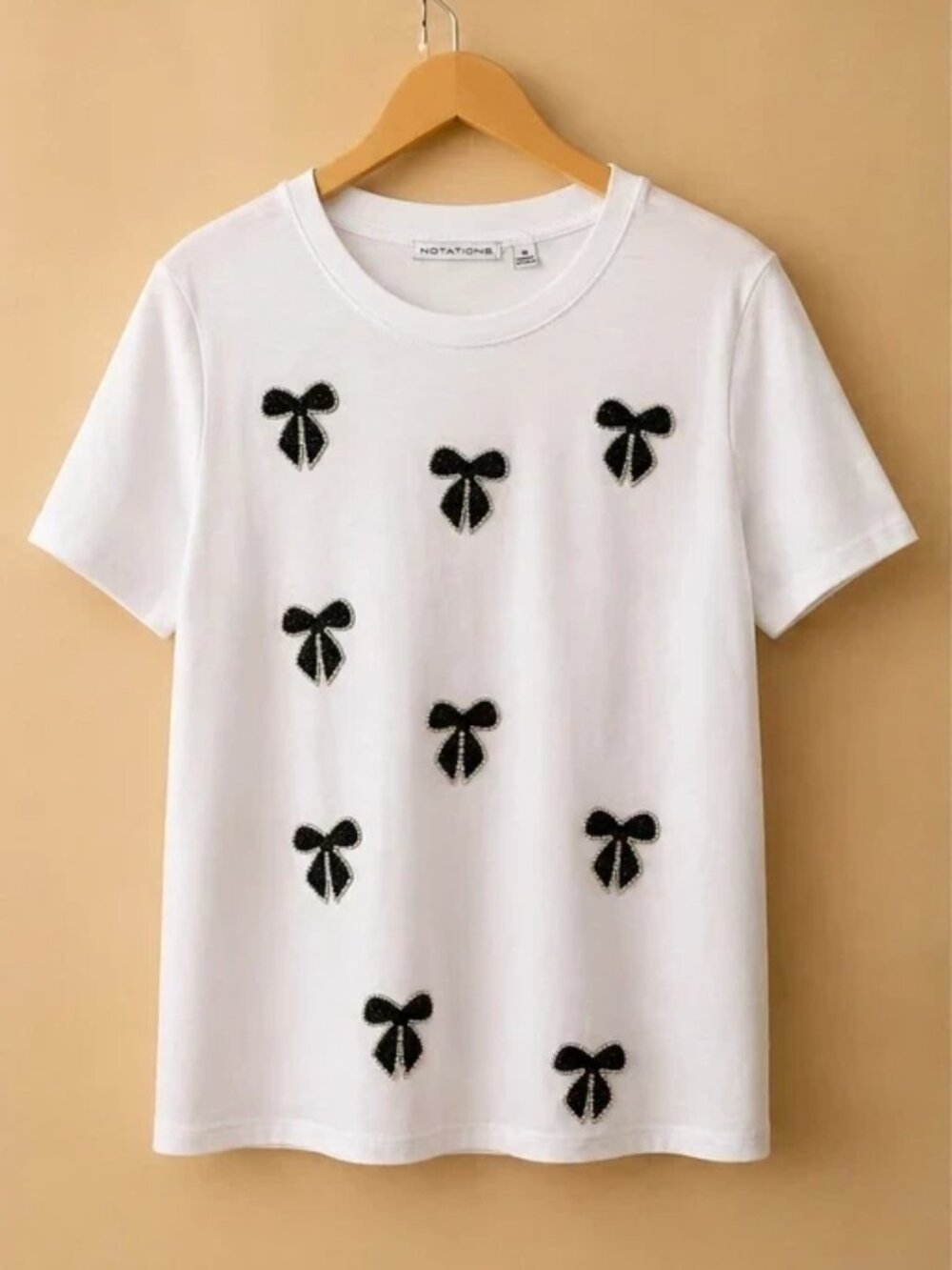 NWT Notations White Rhinestone Bow Tee Top Size M Sparkle Cute Chic